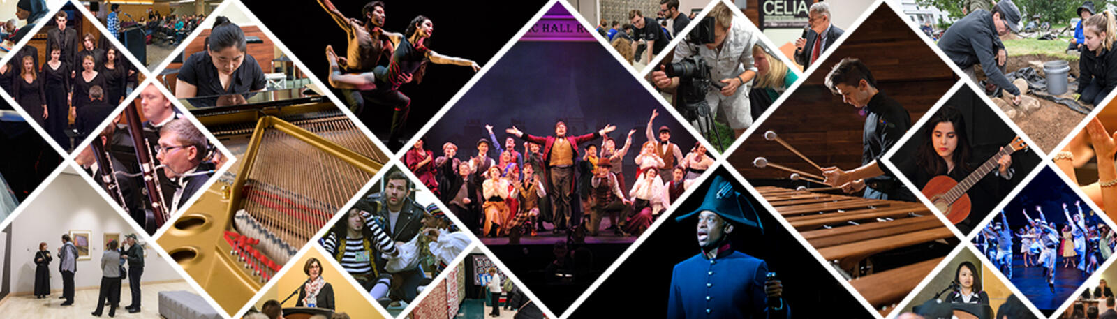 collage banner showing college of liberal arts students performing in music, dance, and theatre